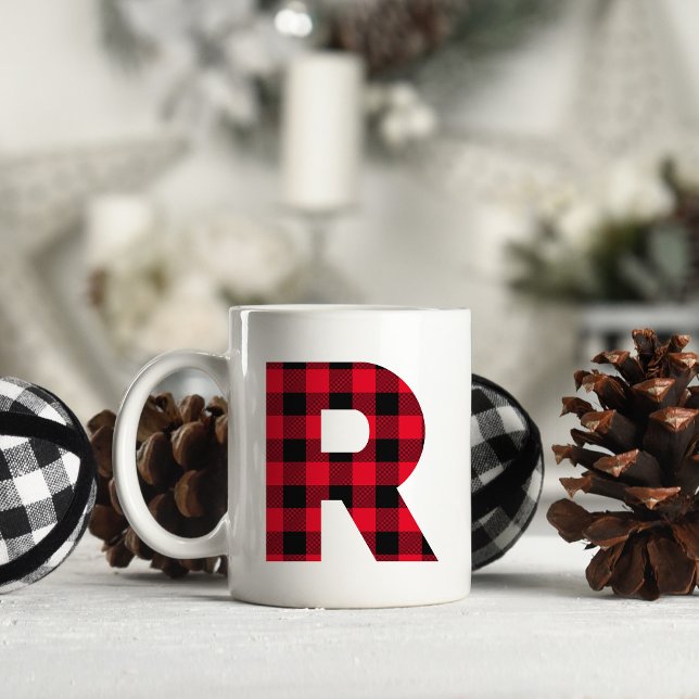 Mug R monogramme lettre R gras carreau bison rouge et  (Letter R Monogram Christmas Coffee Cup)