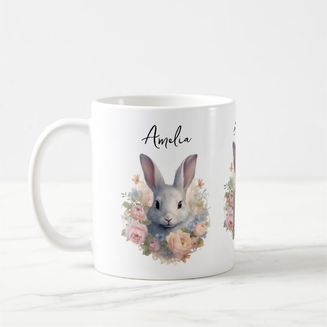 Mug Rabbit Surrounded by Pastel Flowers Cute (Gauche)