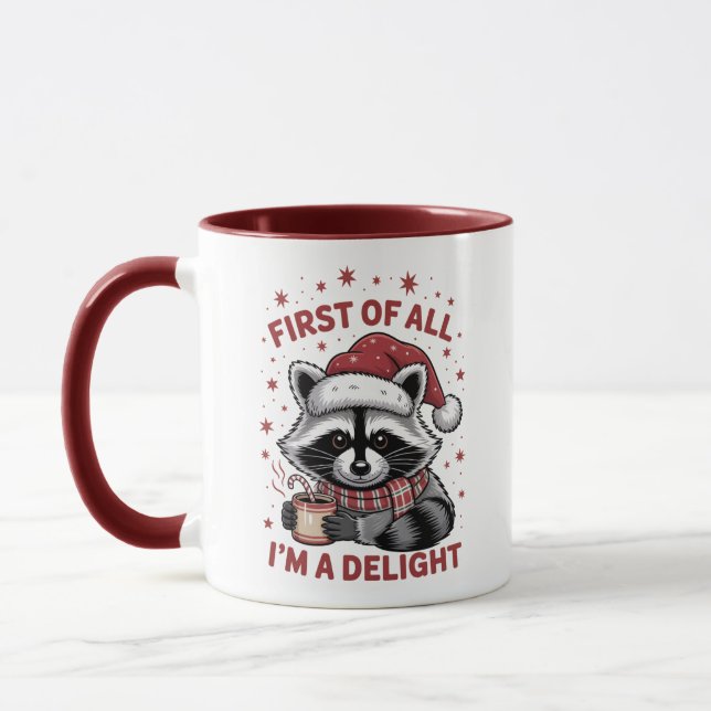Mug Raccoon amusant d'abord Je suis un Noël délicieux (Gauche)