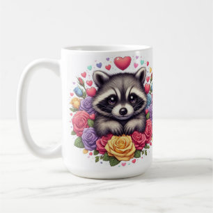 Mug Raccoon mignon avec Fleurs et Coeurs colorés