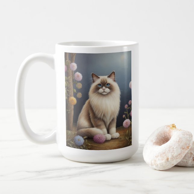 Mug Ragdoll Chat dans Jardin Fluffy Animaux de compagn (Avec donut)