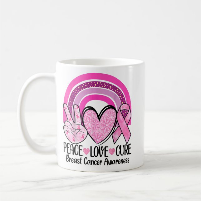 Mug Rainbow Peace Love Cure Rose Ribbon Cancer du sein (Gauche)