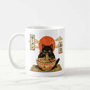 Mug Ramen au chat noir estampe japonaise vintage