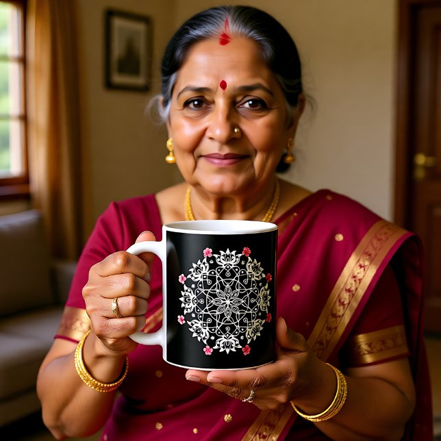 Mug Rangoli blanc avec hibiscus (White Rangoli with hibiscus Coffee Mug)