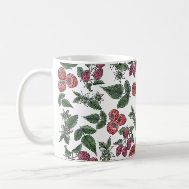 Mug Raspberry Fruit Leaves Illustration Pattern (Gauche)