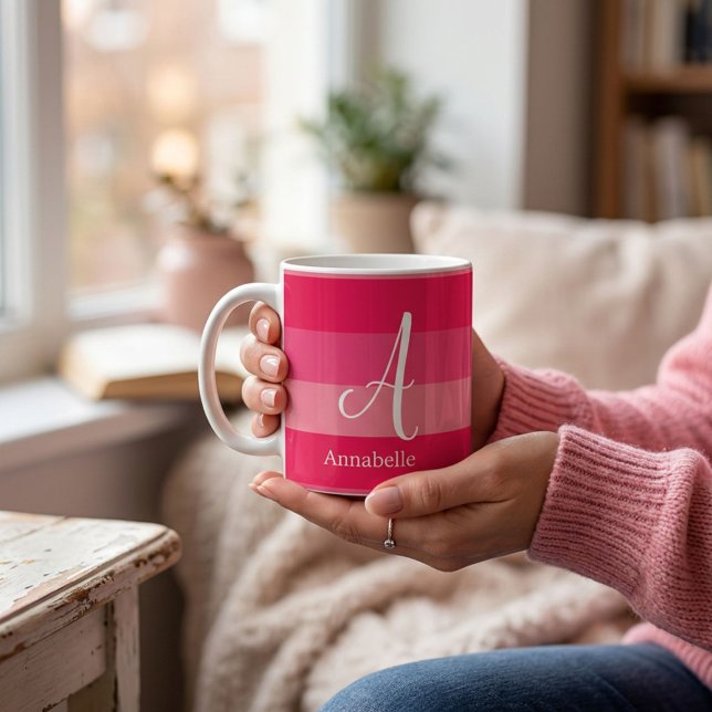 Mug Raspberry Pink Stripes Monogramme Nom Personnalisé (Créateur téléchargé)