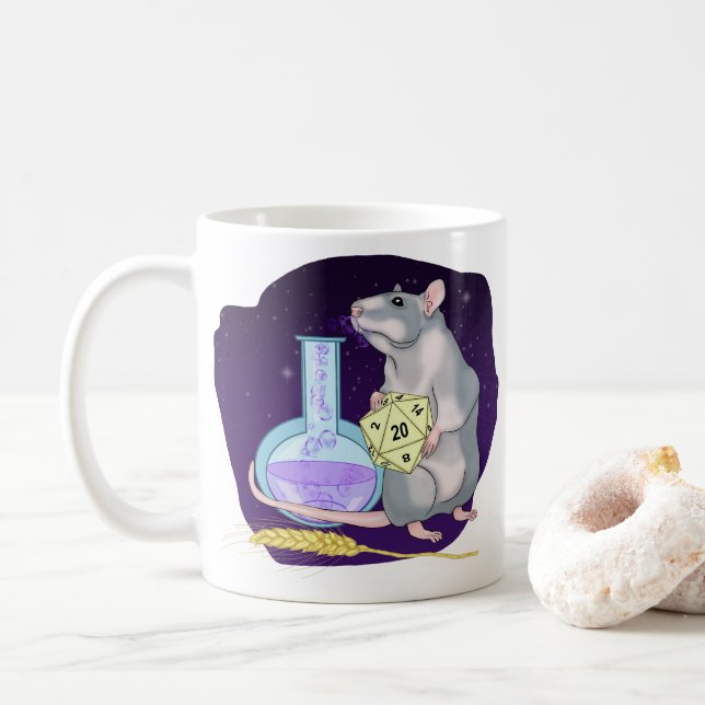 Mug Rat avec une potion magique. Ciel étoilé. D20 (Avec donut)