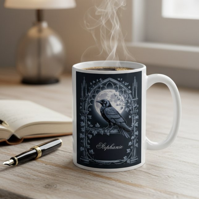 Mug Raven Under Moon Gothic Midnight (Black gothic personalized raven coffee mug
)