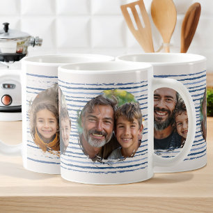 Mug rayé avec des photos de famille sur fond bleu