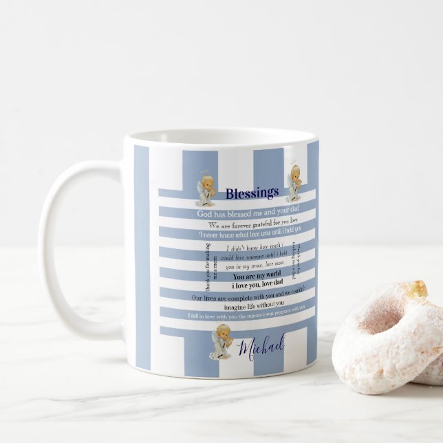 Mug rayé bleu et blanc Bénédictions (Avec donut)