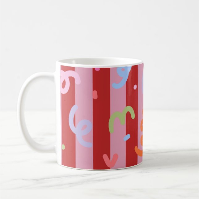 Mug Rayé rose et rouge, avec motif de confettis  (Gauche)