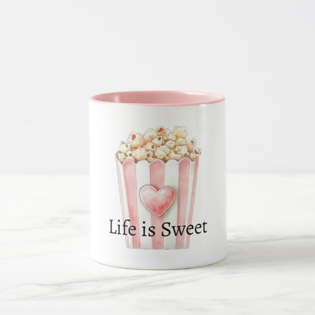 Mug Rayures Blanches Cœur Popcorn La vie est Douce Ros (Centre)