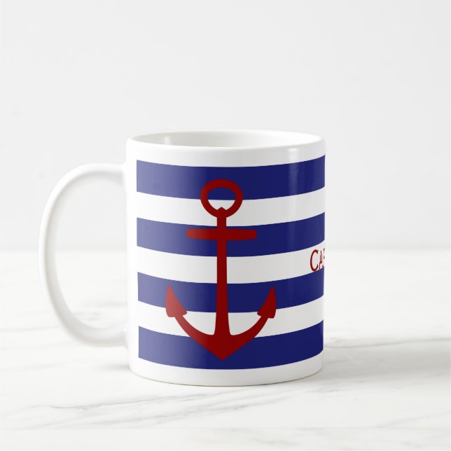 Mug Rayures bleues et blanches avec l'Ancre rouge (Gauche)