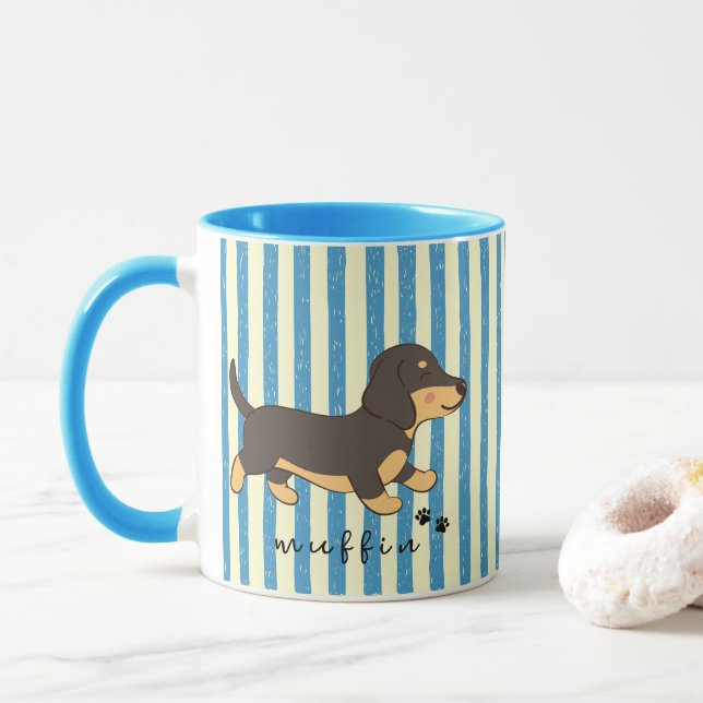 Mug Rayures bleues Nom de Dachshund noir et fauve  (Avec donut)