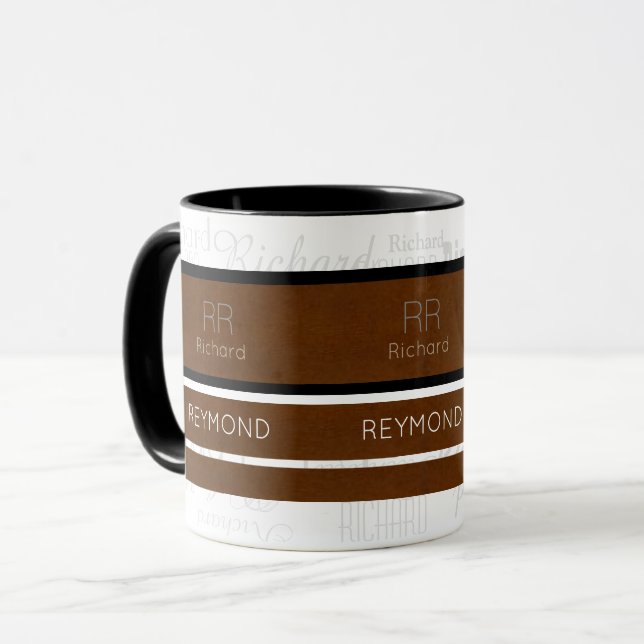 Mug rayures brunes modernes avec nom masculin (Devant gauche)