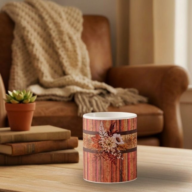 Mug Rayures de bois rustique et fleurs (Créateur téléchargé)