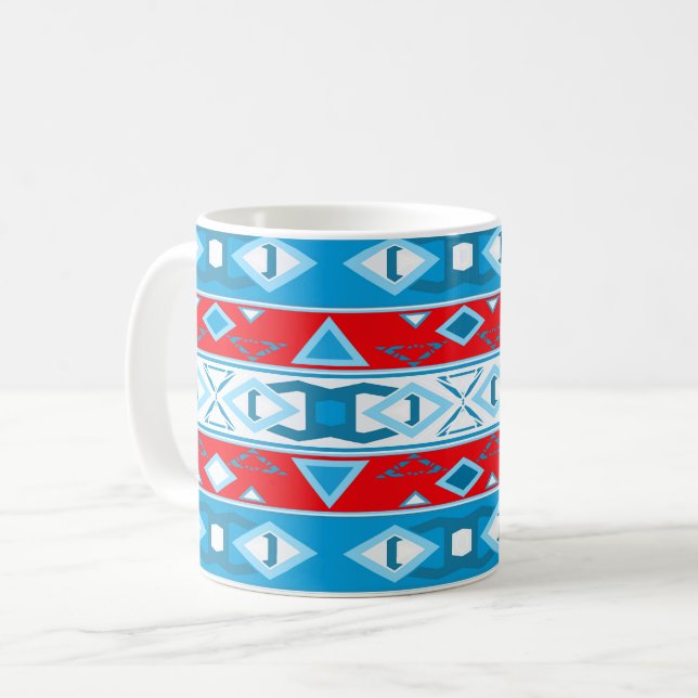 Mug Rayures et formes géométriques de rouge bleu blanc (Devant gauche)