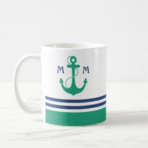 Mug Rayures nautiques avec le monogramme vert d'Ancre