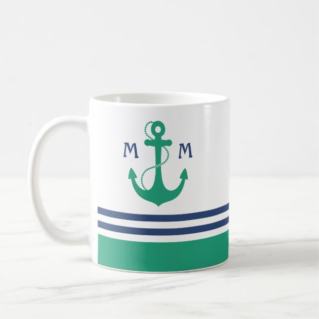 Mug Rayures nautiques avec le monogramme vert d'Ancre (Gauche)