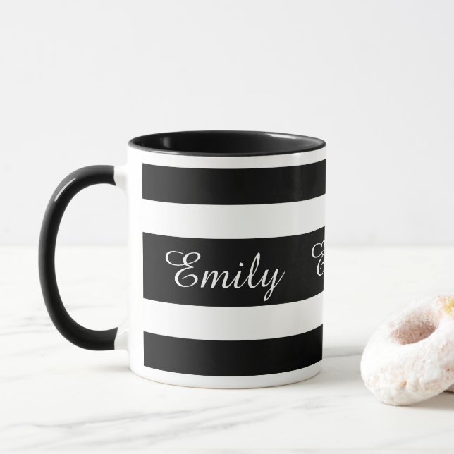 Mug Rayures Noir Et Blanc Modernes Nom (Avec donut)
