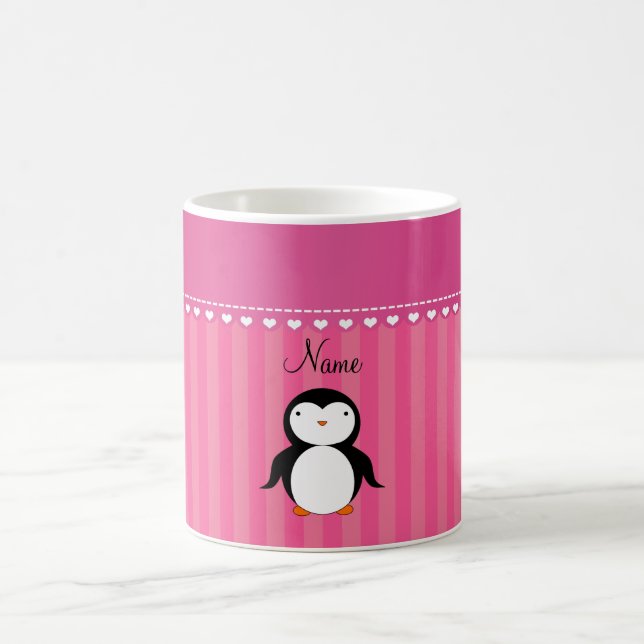 Mug Rayures nommées personnalisées de rose de pingouin (Centre)