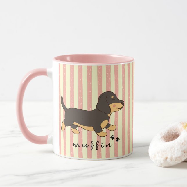 Mug Rayures roses Dachshund noir et fauve Nom  (Avec donut)