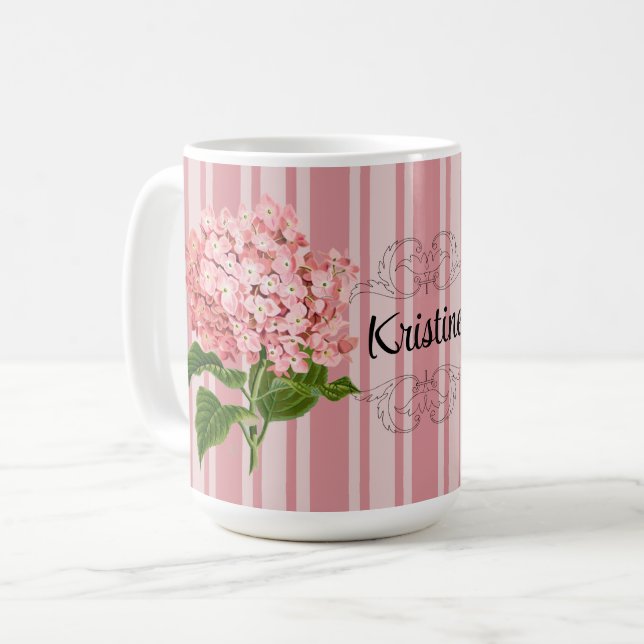 Mug Rayures roses et hortensia ajoutent un nom (Devant gauche)