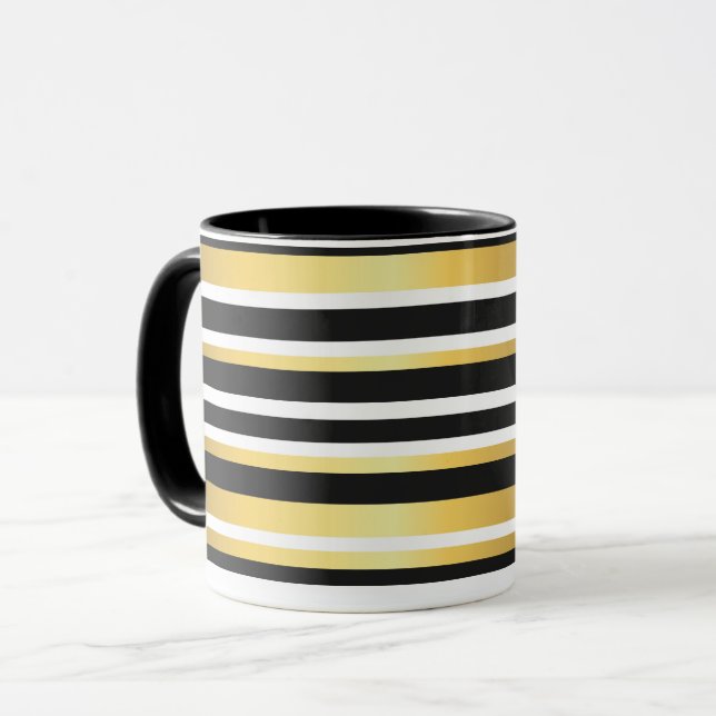 Mug Rayures vintage noires, dorées et blanches (Devant gauche)