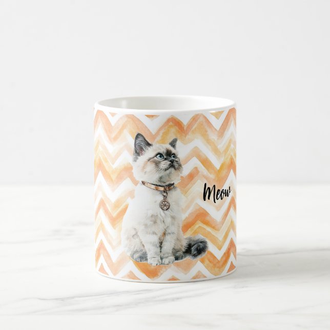 Mug Rayures Zigzag Orange Chat Blanc Miaou (Centre)