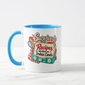 Mug Recettes ayant survécu écrites sur des fiches