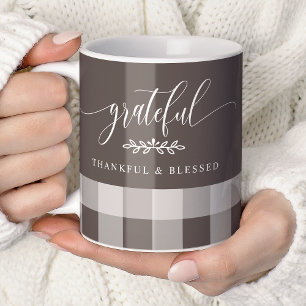 Mug Reconnaissant Merci Bénie Marron et Blanc Carreaux