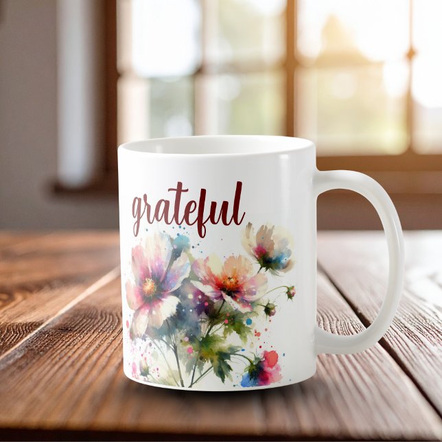 Mug Reconnaissant Moderne (Floral And Script' Grateful')