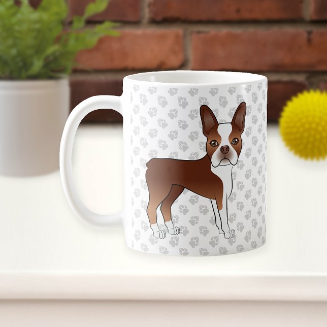 Mug Red And White Boston Terrier Cartoon Chien & Paws (Créateur téléchargé)
