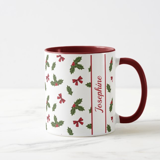 Mug Red Bows Et Christmas Holly Plante Motif & Nom (Droite)