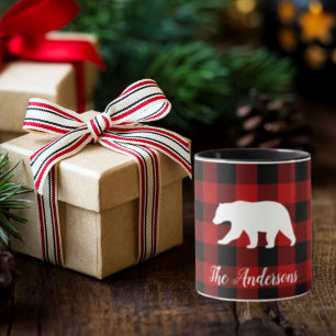 Mug Red Buffalo Plaid & Bear   Nom personnel Cadeau