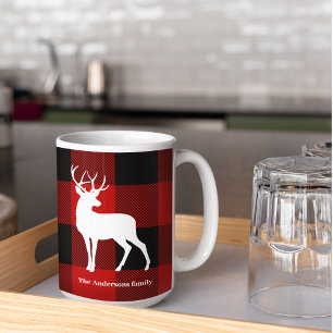 Mug Red Buffalo Plaid & Deer   Nom personnel Cadeau