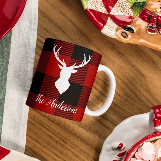 Mug Red Buffalo Plaid & Deer | Nom personnel Cadeau (Créateur téléchargé)
