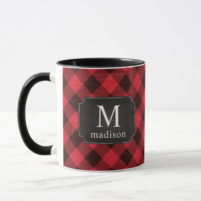 Mug Red Buffalo Plaid Flannel Nom monogramme (Gauche)