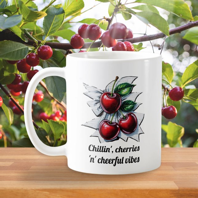 Mug Red Cherries 'n' Vibes joyeux Monogramme tendance (A cute mug with cherries picture in a street art style, and monogram on the back)