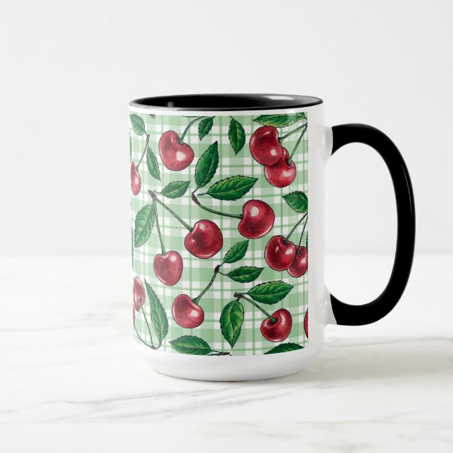 Mug Red cherries on light green gingham (Droite)
