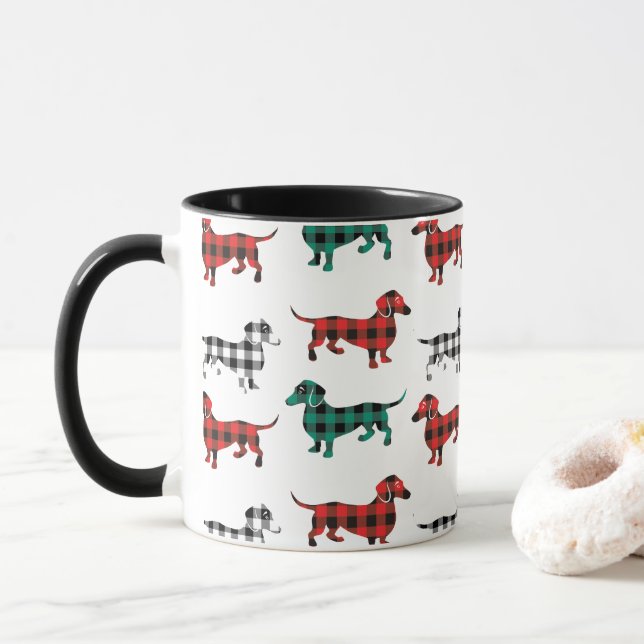 Mug Red Flannel Noël Dachshunds (Avec donut)