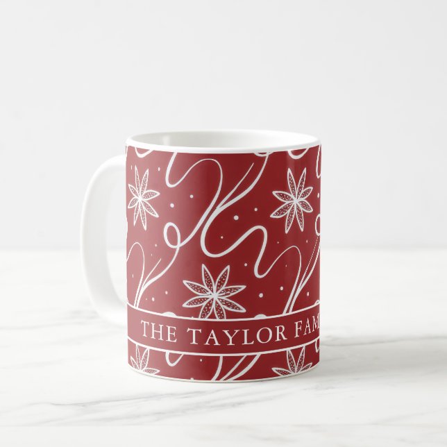 Mug Red Floral Swirl Christmas Family Name (Devant gauche)