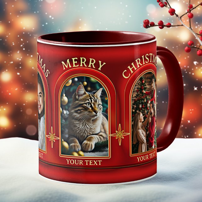 Mug Red Gold Classic Photo de Noël (Christmas mug featuring custom photos on a classic stylish red and gold design with gold snowflakes)