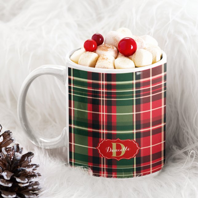 Mug Red Green Noël Festif Plaid Monogram Holiday (Red Green Christmas Festive Plaid Monogram Holiday Coffee Mug)