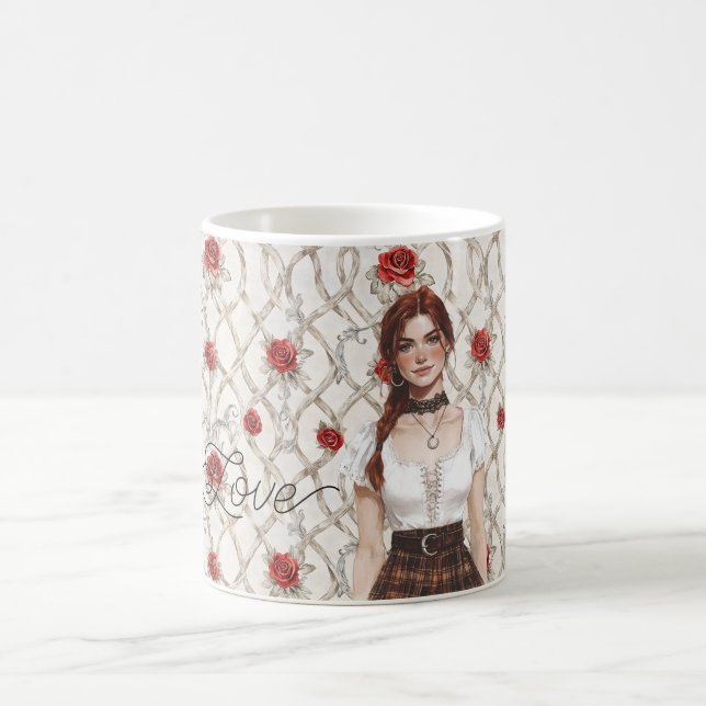 Mug Red Hair Female Roses Faux Wood Floral Love (Centre)