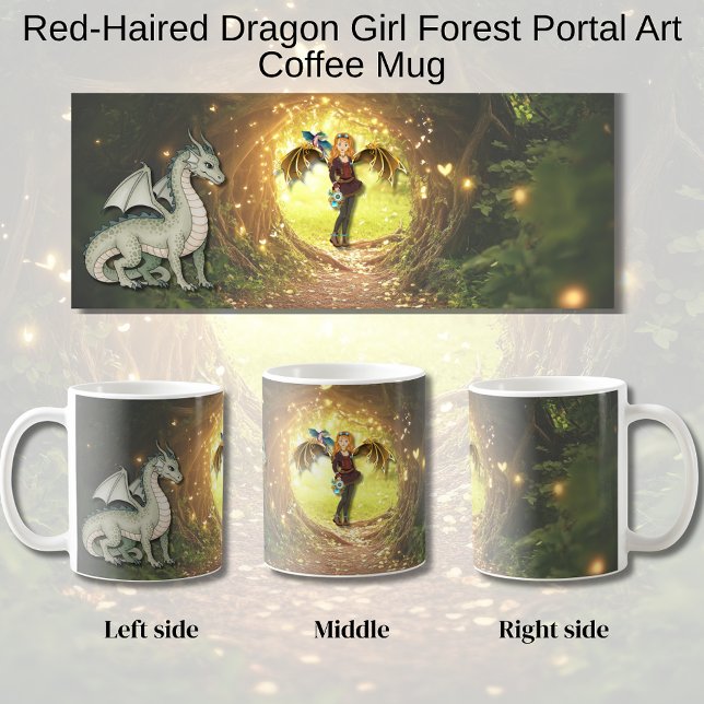 Mug Red-Haired Dragon Girl Forest Portal Art (Dragon Girl Forest Scene Mug)