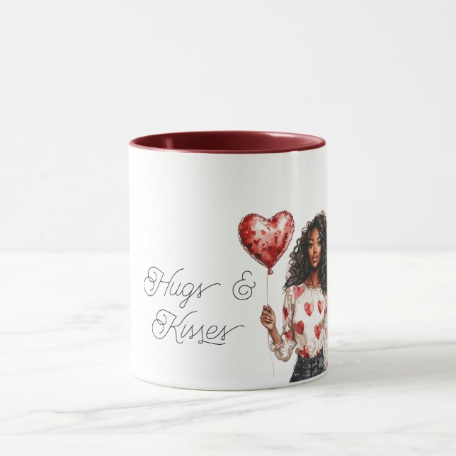 Mug Red Heart Balloon Black Girl Valentine Hugs Kisses (Centre)