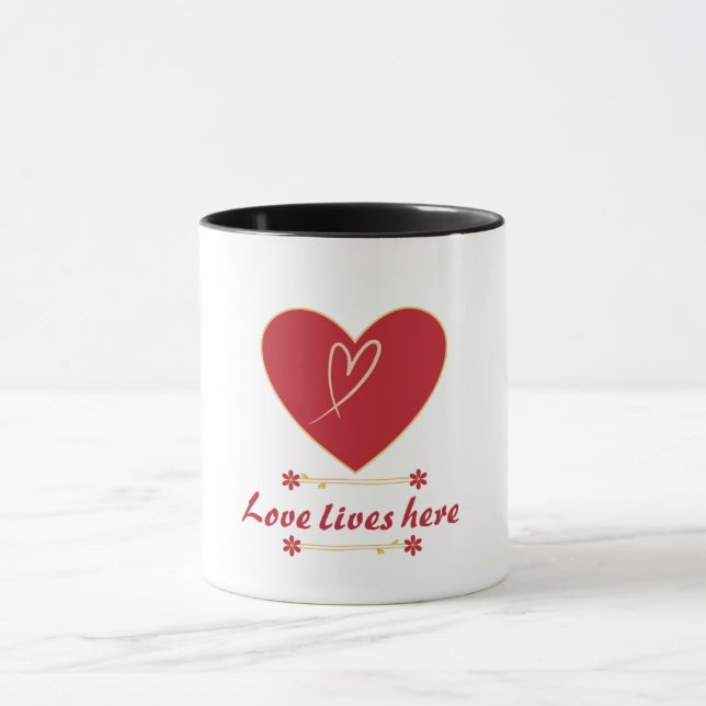 Mug Red Heart Floral Design – “Love Lives Here”  (Centre)