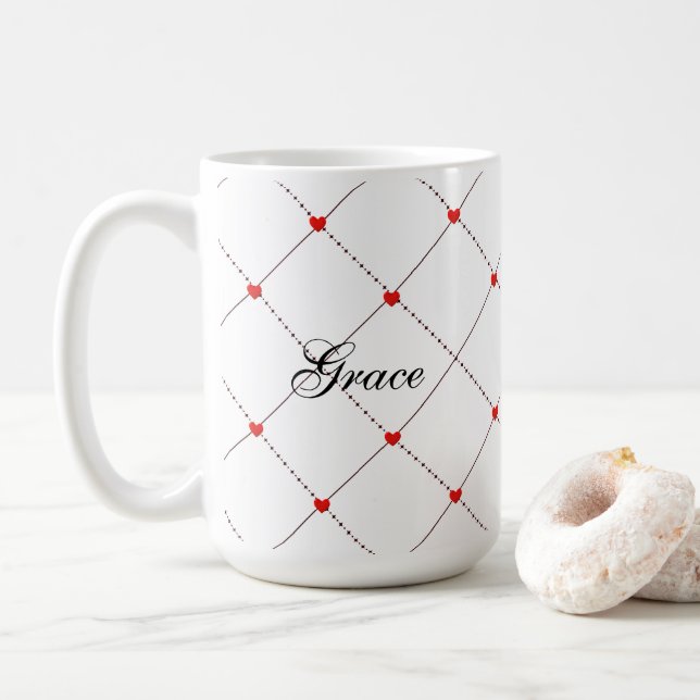Mug Red Heart Lattice Pattern Name & message Design (Avec donut)