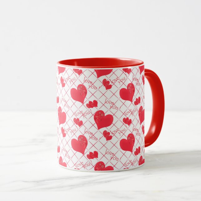 Mug Red hearts, texte, love you, red and white. (Devant droit)